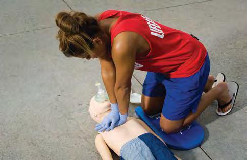 Perform cycles of 30 compressions and 2 rescue breaths (Fig. 8-10). Continue CPR until Another trained rescuer arrives and takes over. An AED becomes available and is ready to use.