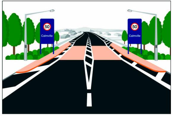 Threshold signs must normally be located within ±20 m of the legally defined positions for the RG-1 regulatory speed signs and where approaching drivers have an uninterrupted view of them for at