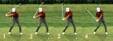 c) Pull the butt end of the grip down towards the golf ball, keeping your left arm straight and your right arm folded with the right elbow tight against your body.