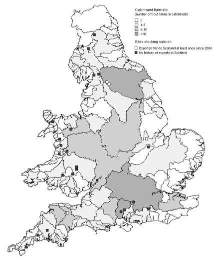 In England and Wales there is a greater overlap with 22 of 26 salmon farms sharing catchments with trout farms (Figure 17).