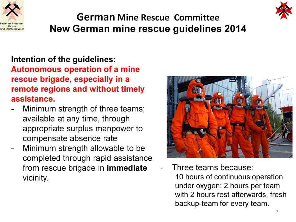 Since the reduction in the number of mine rescue teams in Germany represents a withdrawal from the area at the same time, special emphasis must be put on autonomous operational capability of