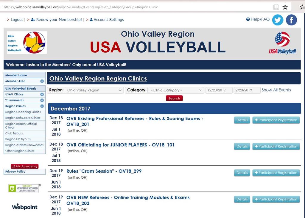 Find the clinic named OVR Officiating for JUNIOR PLAYERS OV18_101 in the list