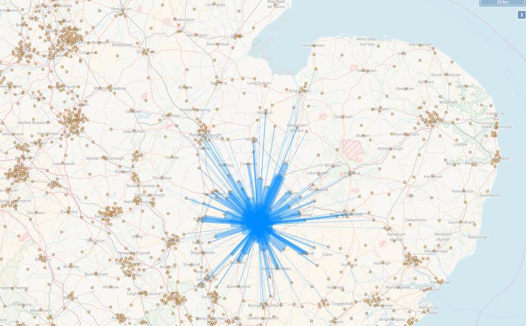 Figure 3. Origins within an hour travel to Cambridge City Centre commuter reach NB only origins with daily flows of more than 6 people are included. Thicker lines indicate higher flows.