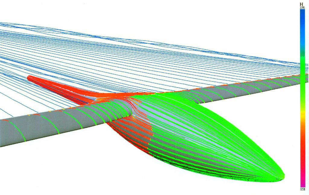 NVvL 2006 10 Figure 11 Streamline pattern on the wing-fuselage combination of the Stemme family Flow problems due to the large fuselage contraction below the wing could be overcome due to the