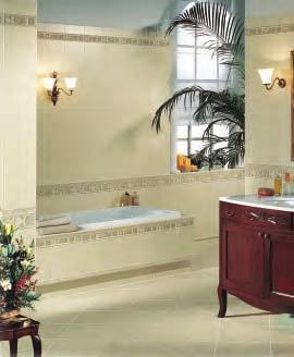 Page 4-5 Wall and Tub Surround: LeVille 65005 Crema Laguna 8"x13" 100% Wall Tile 65072 Crema Laguna 3"x13" * Wall Bullnose 65052 Crema Laguna 1 1/8"x13" * Chair Rail