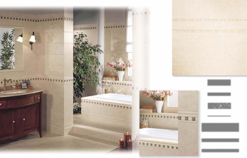 Product featured on cover and this spread: WALL & TUB SURROUND: Botticino 65010 8" x 13" Wall Tile Botticino 18810 3" x 13" Floor Bullnose Botticino