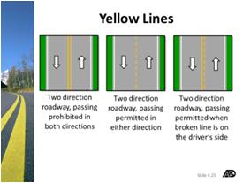 Pavement markings - yellow lines Yellow lines separate traffic moving in opposite directions.