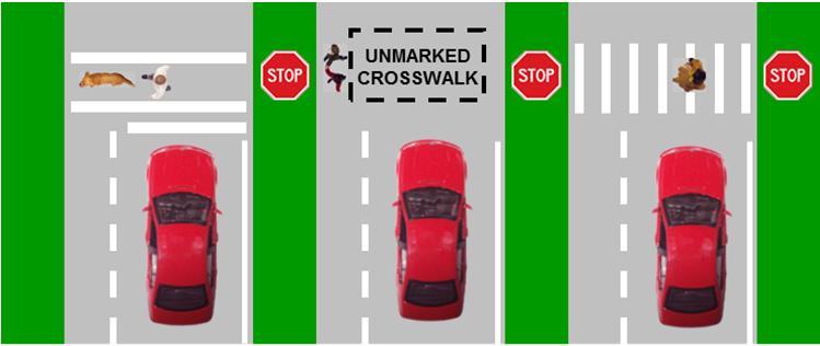 Stop lines, crosswalks and parking spaces are marked by