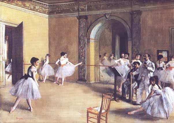 Across the room several mothers or chaperones are seen; one hugs a dancer. The watering can under the piano is where Degas signed his name. (The old ballet master is a former dancer.
