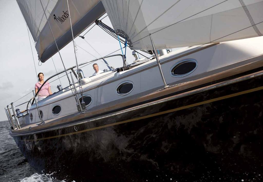 The Moody Aft Cockpit 45 is a true offshore sailing yacht, with her twin-wheel steering position providing excellent visibility.