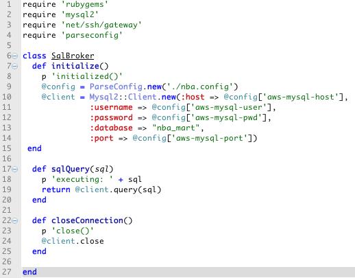 Code Snippet 2 SqlBroker Class for connecting to remote MySQL client and executing SQL queries.