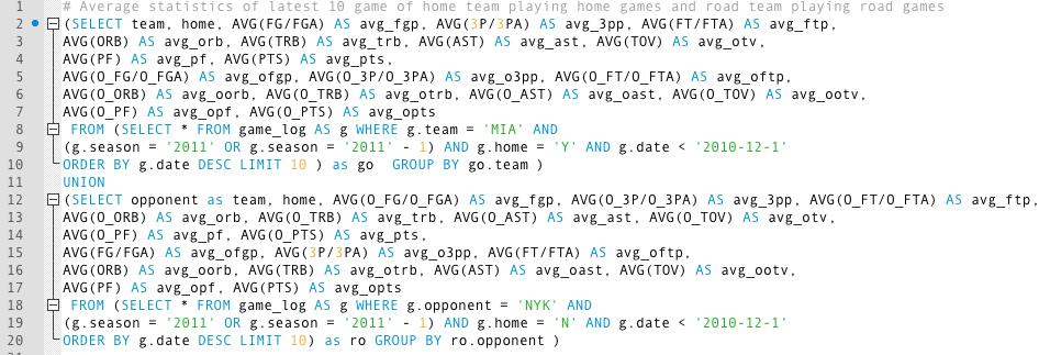 Code Snippet 5 SQL for collecting average statistics of last 10 home games of home team and last 10 road games of road team.