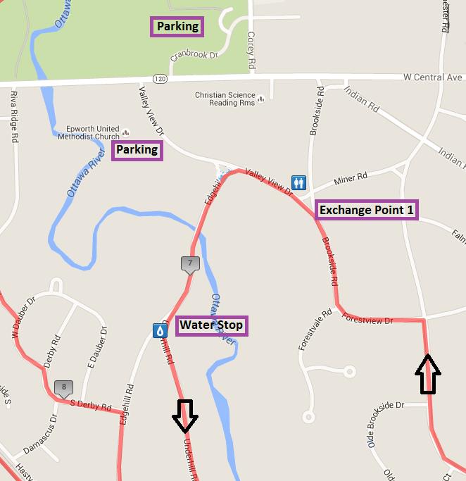 ! EXCHANGE POINT 1 (6.7 Miles) LOCATION: The corner of Edgehill and Valley View Drive in Ottawa Hills, OH. Parking is available at Epworth Church in the back lot, south side of the building.