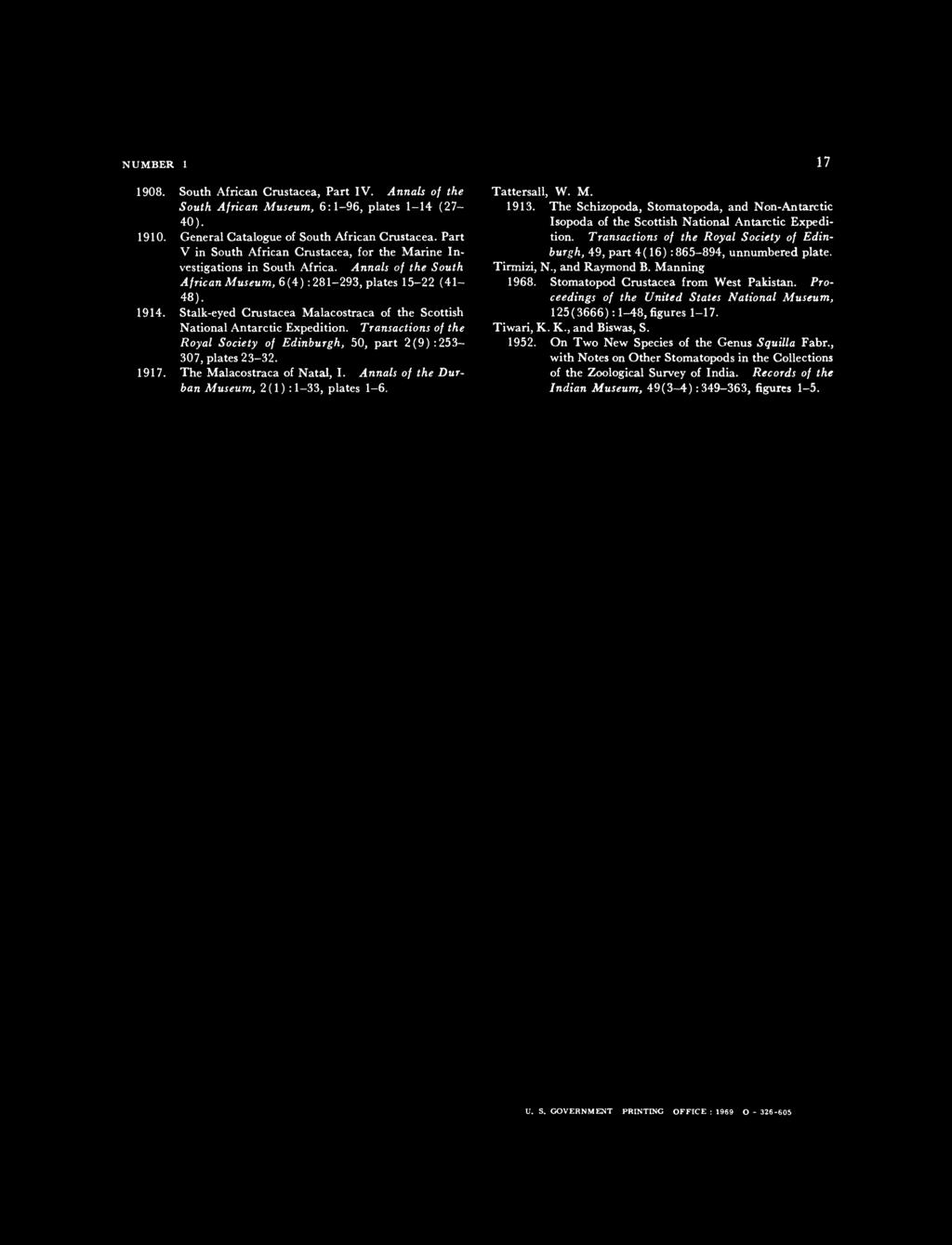 Stalk-eyed Crustacea Malacostraca of the Scottish National Antarctic Expedition. Transactions of the Royal Society of Edinburgh, 5, part (9):53-37, plates 3-3. 97. The Malacostraca of Natal, I.