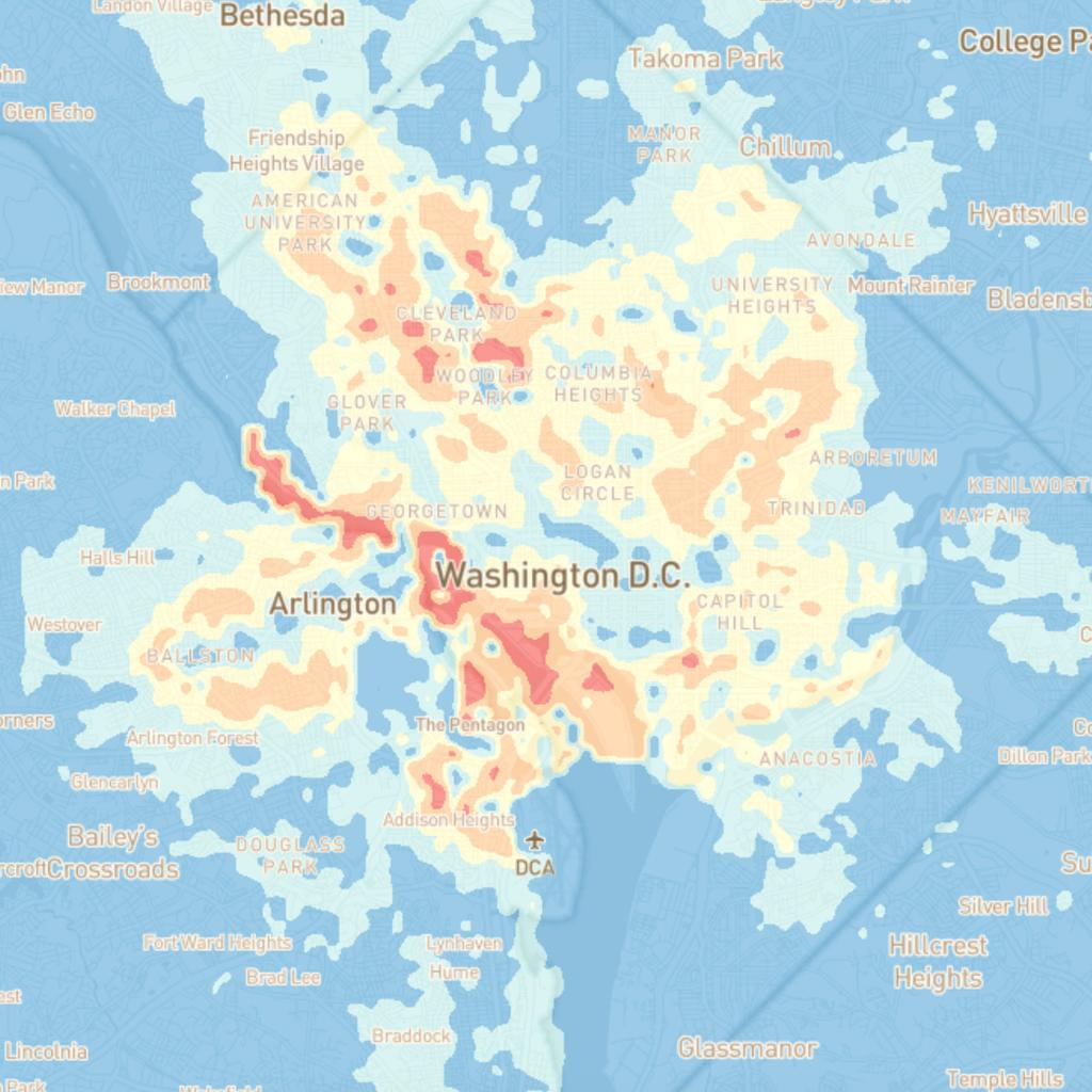 Comparison of total job opportunities in Washington D.C. This map shows the number of additional job opportunities accessible from each location within 30 minutes of travel, by replacing walking with cycling as the first leg of the commute.