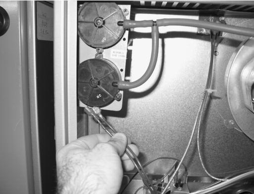 FIGURE 3 REMOVE WIRES FROM SWITCH ASSEMBLY (MPL ASSEMBLY SHOWN) 6. Disconnect the pressure switch hose that connects to the induced draft blower. See Figure 4.