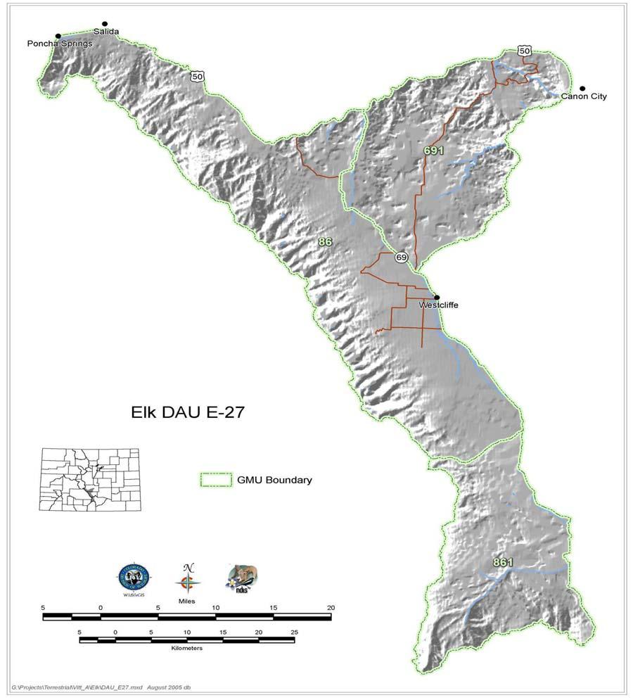 SANGRE DE CRISTO DATA ANALYSIS UNIT PHYSIOGRAPHY The Sangre de Cristo Elk DAU is located in south-central Colorado and lies within portions of Fremont, Custer and Huerfano Counties (Figure 5).