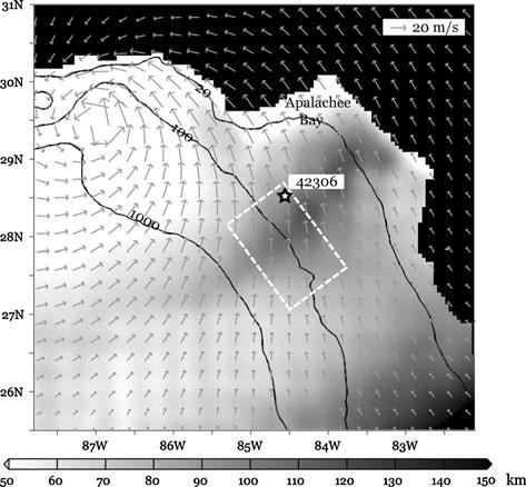 Fig. 14 Wind fetch (km) estimated by the method of Resio et al. (2002). The wind field used for estimating the fetch is shown by the overlaid vectors. The location of NOAA NDBC station 42036 is shown.