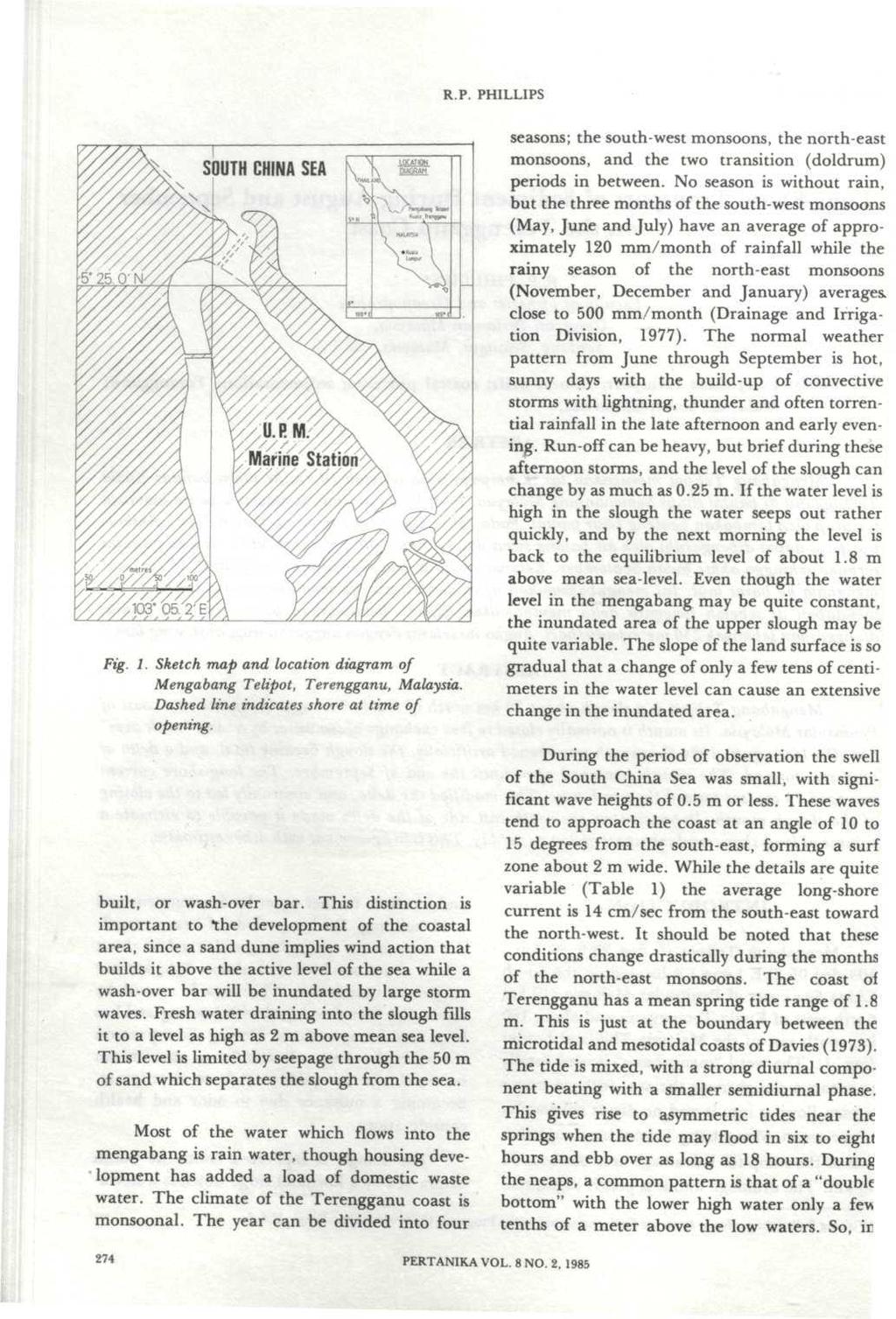R.P. PHILLIPS V////J Fig. 1. Sketch map and location diagram of Mengabang Telipot, Terengganu, Malaysia. Dashed line indicates shore at time of opening. built, or wash-over bar.