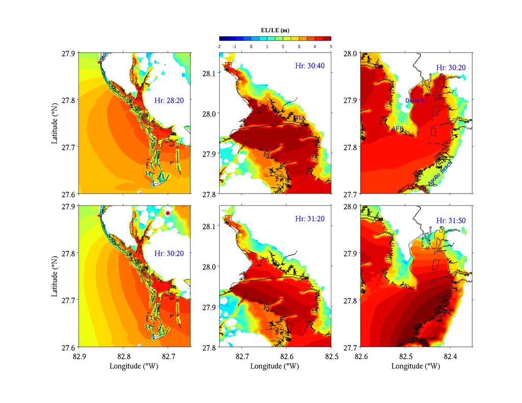 Maximum IRB landfall surge relative to land at sub-domains emphasizing