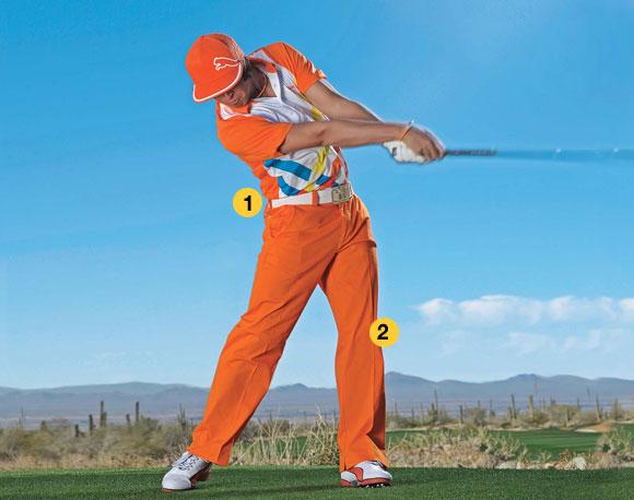 Step 7: Downswing Swing down aggressively by unwinding your torso and extending your arms right before hitting the ball. Also, shift your body weight from your back leg to your front leg.