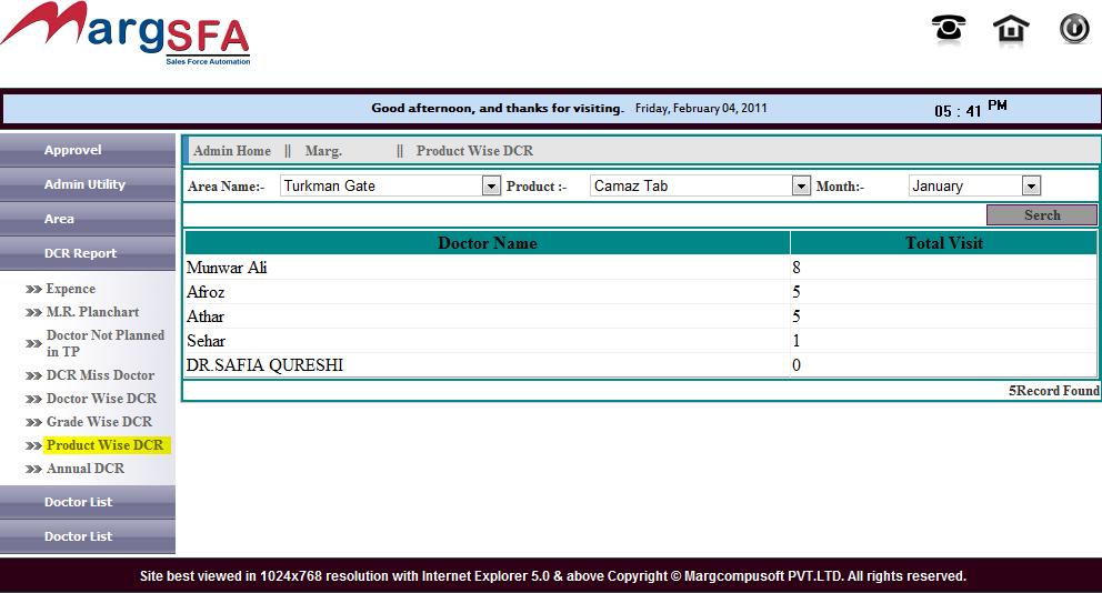 7. Product wise DCR, admin can view Doc's visit count by