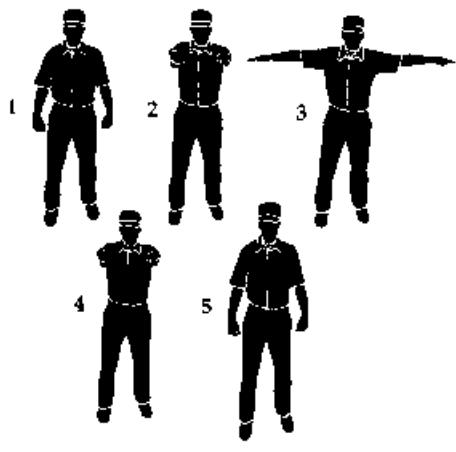 SAFE: Begin in a set position. Stand with your shoulders square to the play, keeping your head still. Extend both arms straight out parallel to the ground in front of your chest, shoulder high.