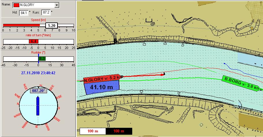 Figure 29: Situation at 004042 After the encounter, from approximately 004042, the distance of the underwater hull to the 4 m contour line is only about 41 m, which, in