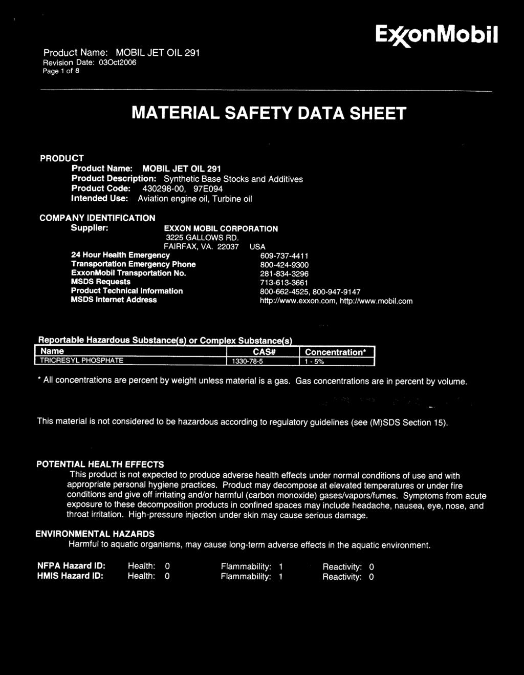 Page 1 of 8 E)f(onMobil MATERAL SAFETY DATA SHEET SECTON 1 PRODUCT AND COMPANY DENTFCATON PRODUCT Product Name: MOBL JET OL 291 Product Description: Synthetic Base Stocks and Additives Product Code: