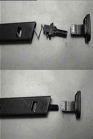 6. Pre-assemble the follower, spring, and end plug and insert into the Magazine body. 7. Place the Floor Plate onto the End Plug and squeeze the locking tabs.
