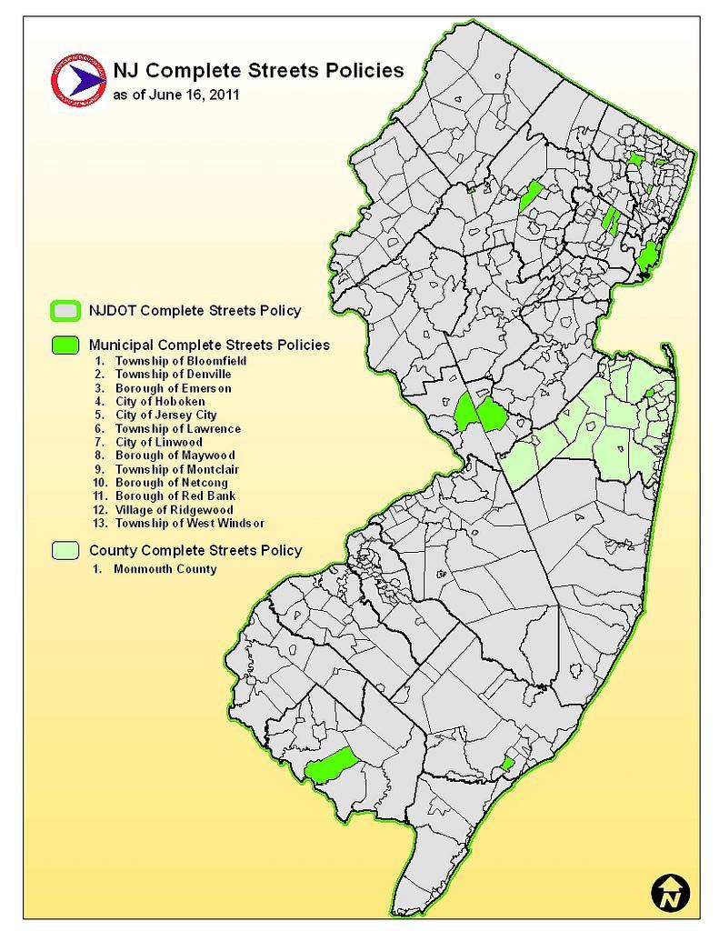 Complete Streets Policies in NJ New Jersey Department of Transportation (December 3, 2009) New Jersey Counties Monmouth County (July 22, 2010) New Jersey Municipalities 1.