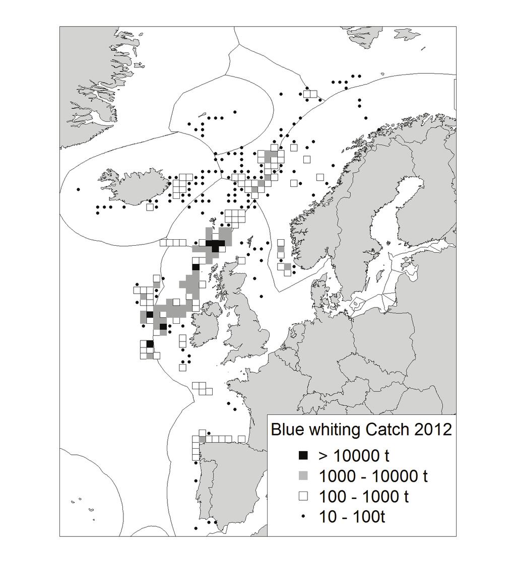 458 ICES WGWIDE REPORT 20133 Figure 8.2.2. Total blue whiting catches (t) in 2012 by ICES rectangle.