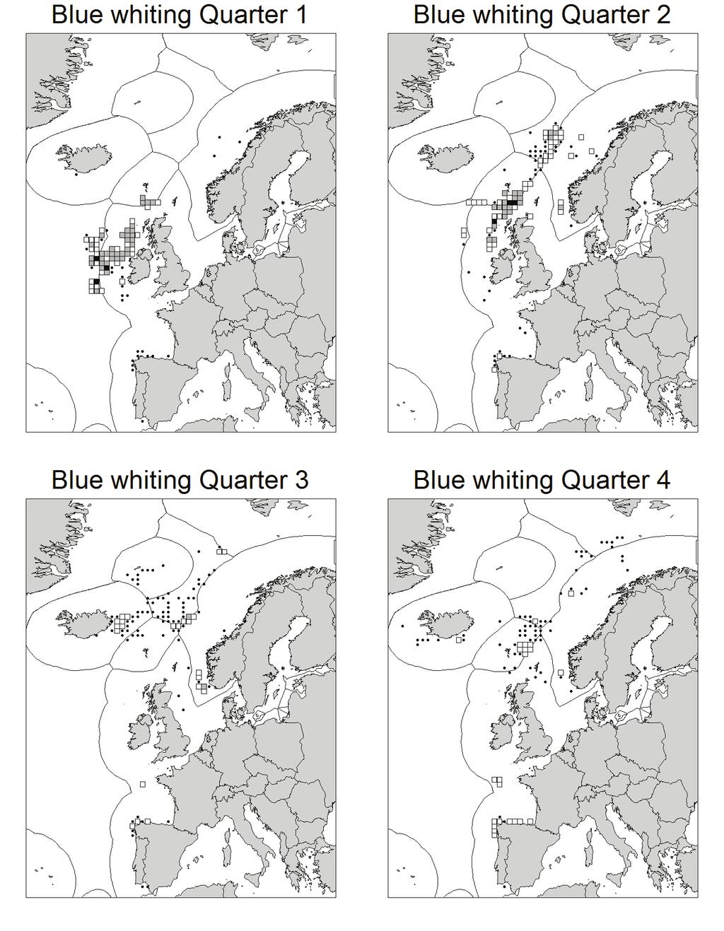 ICES WGWIDE REPORT 20133 459 Figure 8.2.3. Blue whiting total catches (t) in 2012 by quarter and ICES rectangle.