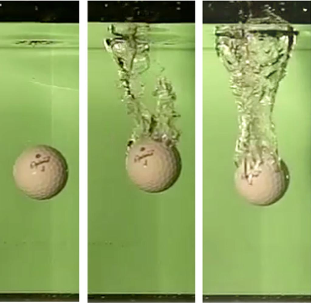Figure 6. Video images at three different average ball speeds, v A, showing the onset of turbulence at higher ball speeds. The ball enters the water at the top of each image. indicated in figure 5.