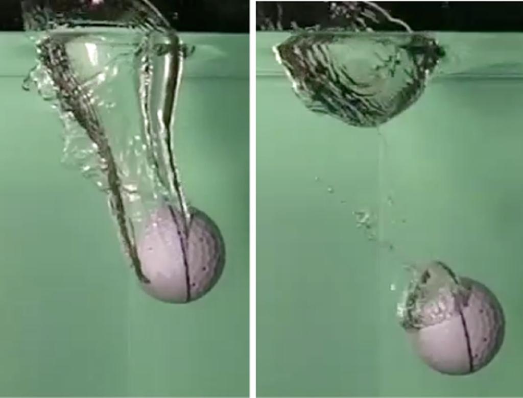 Figure 8. Golf ball with dimples removed on the left half of ball. (a) The separation point is further behind the ball on the dimpled (right hand) side.
