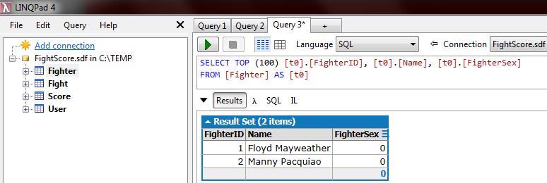 Figure 3.8: Sample of running an SQL queries using LINQPad. In the current detailed browsing example I ve opened the FightScore.