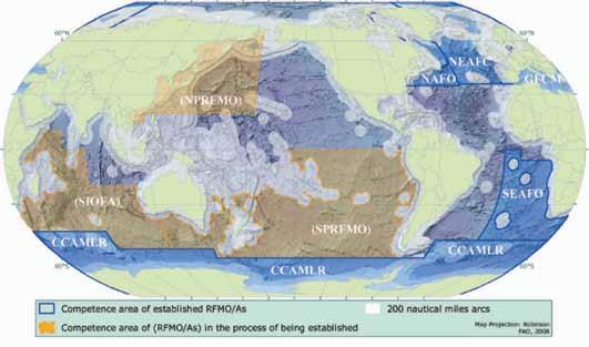 Introduction 3 map 1 Global high seas areas and coverage of relevant RFMOs Some fisheries that do not fulfil these characteristics have also been included, where appropriate.