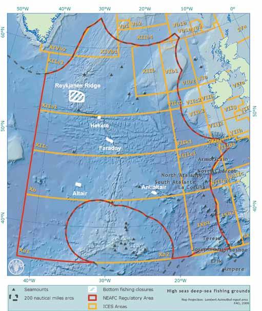 North East Atlantic Ocean 17 map 3 The Mid-Atlantic Ridge deep-sea fishing grounds (including ICES Areas) The Mid-Atlantic Ridge The Mid-Atlantic Ridge (see Map 3), which extends from the Icelandic