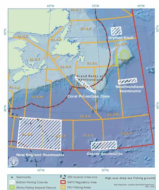 44 Worldwide review of bottom fisheries in the high seas Map 3 NAFO seamount closures, including the Coral Protection Zone adopted in 2007 for shrimp is prohibited from June to December in 3M and