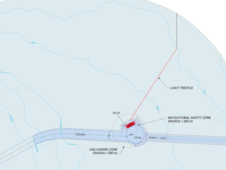 Figure 3-4: FSRU layout 3-200m channel offset. Incorporated with existing Walvis Bay port entrance channel. The layouts may be labelled and summarized as follows: FSRU layout 1-200m channel offset.