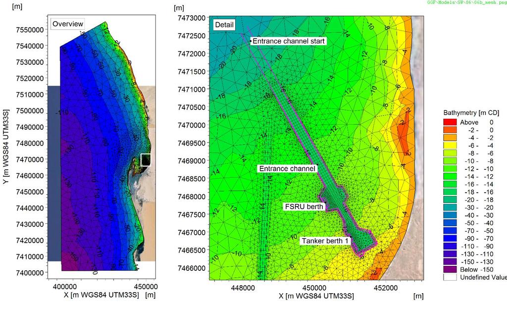 Figure 4-5: Model bathymetry, mesh and model output locations.
