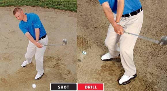 Miss any one of these steps, and you ll likely skull it over the green. To get a feel for this shot, practice on a downslope, swinging through the sand without a ball.