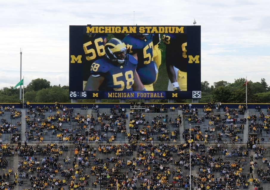Michigan Stadium (Football) 2 Impact 16 (16mm SMD) end zone LED video screens Over 8,000 square feet of LED video Crisler Arena (Basketball) The University of Michigan, one of the finest collegiate