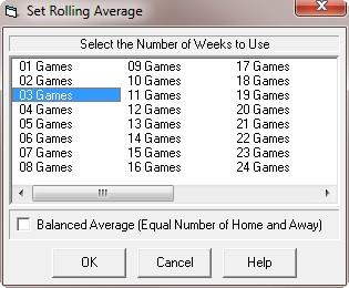 Figure 4.10 - The Rolling Average Menu If you check the box labeled Balanced Average, the database will include an equal number of home and away games.