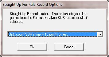 Formula Analysis SUR Filter Selecting this option from the FORMULAS menu will allow you to limit the games included in the straight-up record (SUR) analysis of a prediction formula.