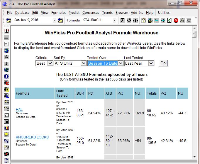 Figure 8.60 - The Formula Warehouse (PFA) The formulas listed in the FORMULA WAREHOUSE are sorted according to a method that you can select by clicking on the text links at the top of the screen.