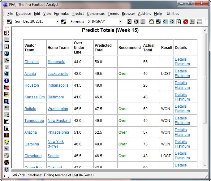 Figure 8.80 - Predicting Totals (PFA) The PREDICT TOTALS screen is divided into eight columns: Visitor Team - This is the visitor, or road team.