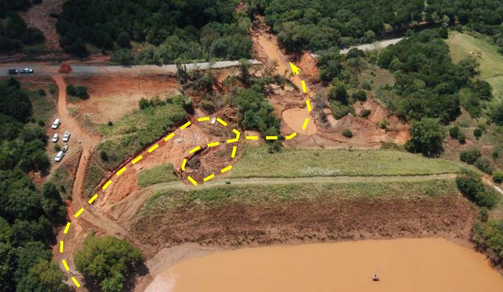 Figure 5. Photograph showing the erosion in the downstream slope of Sugar Creek Dam in Caddo County, Oklahoma (Photo courtesy of Danny McCook). Figure 6.