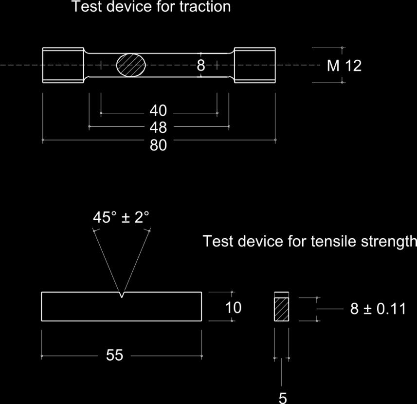 Figure A.8. Test devices for traction and tensile strength Table VIII. Recommended thicknesses Rp 0.2 / E Thickness recommended B (mm) From 0.005 0 to 0.005 6 75 From 0.005 7 to 0.006 1 63 From 0.