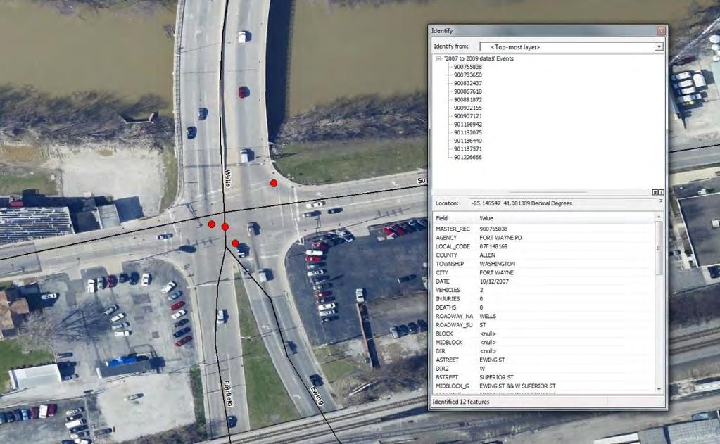 Figure 13 - Geocoded Crash Data at Superior Street & Wells Street After analyzing the geocoded crashes, it became apparent the intersections with the highest crash rates were Superior Street and